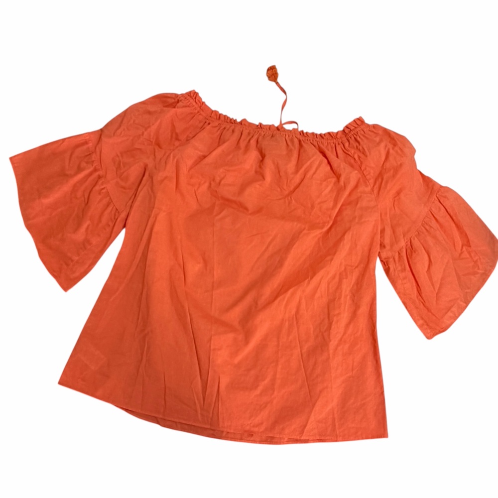 Hale Bob Orange Off Shoulder Bell Sleeve Top Drawstring Tassels 100% Cotton - Picture 2 of 7